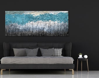 Canvasprint met bomen, blauwe bomen, abstract landschap, groot formaat, canvasprint aan de slaapkamer, muurgrafiek, beeld voor de woonkamer