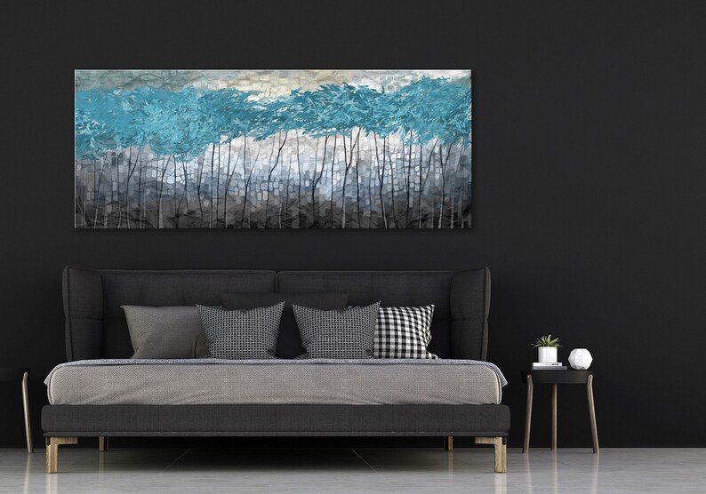 Canvasprint with trees, blue trees, abstract landscape, large format,canvasprint to the bedroom,wall graphics, picture for the living room image 1