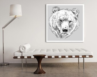 Bear print on canvas,Bear head on canvas,Bear canvas art,Black and white bear on canvas,Bear wall decor,Big head,Black and white