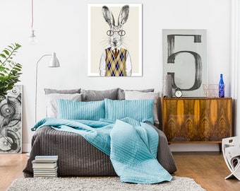 Konijnen afdrukken op doek, Hazen prenten op doek, Hares familie, Hazen muur decor, Konijnen kunst decor doek, Mr Rabbit, Mr Hare, Konijn in stropdas