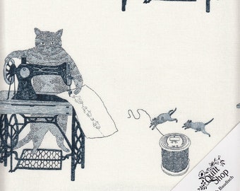 May include: A white fabric with a repeating pattern of a blue cat sewing on a vintage sewing machine with two mice running away from a spool of thread. The text "Quilt Shop" is in the bottom right corner of the image.