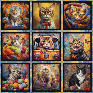 Pode incluir: Uma colagem de nove quadrados coloridos com gatos em diferentes cenários. Cada quadrado tem um fundo diferente e apresenta um gato com características únicas. Os gatos são retratados em um estilo caprichoso e artístico.