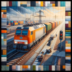 Può includere: Una vivace trapunta con un'illustrazione dettagliata di un treno merci arancione e grigio sui binari, che traina container colorati. La scena è ambientata sullo sfondo di un cielo nuvoloso e infrastrutture industriali. Il bordo della trapunta è un patchwork di vari campioni di tessuto.