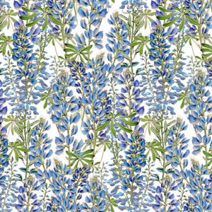 Puede incluir: Un patrón sin costuras con flores de lupín azules y hojas verdes sobre un fondo blanco. Las flores están dispuestas en un patrón repetitivo, creando un diseño floral.