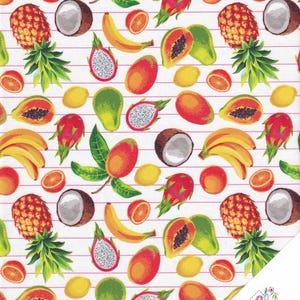 Può includere: Uno sfondo bianco con strisce rosa presenta un motivo ripetitivo di frutta tropicale, tra cui ananas, mango, papaya, frutto del drago, limoni, lime, banane e noci di cocco. Il testo "Quilt Shop" è visibile nell'angolo in basso a destra dell'immagine.