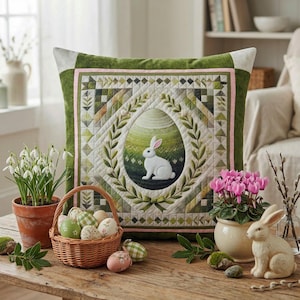 Könnte beinhalten: Ein dekoratives Kissen zum Thema Ostern mit einem Steppmuster, das einen weißen Hasen in einem eiförmigen Rahmen zeigt. Ein Weidenkorb enthält dekorierte Eier, und eine Keramik-Hasenfigur steht daneben. Die Szene spielt auf einem Holztisch mit Topfpflanzen.