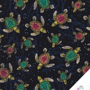 May include: A black fabric with a repeating pattern of colorful sea turtles swimming in a dark blue sea. The turtles are outlined in gold and have a variety of colors, including green, red, and yellow. The fabric is perfect for quilting, sewing, or crafting.