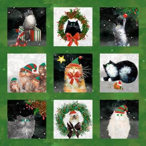 Könnte beinhalten: Neun quadratische Bilder mit Aquarellmalereien von Katzen in festlichen Urlaubsumgebungen. Katzen werden mit Weihnachtskränzen, Elfenhüten und Geschenkboxen dargestellt. Die Farbpalette umfasst Grün-, Rot-, Weiß- und Schwarztöne und schafft ein skurriles Urlaubsthema.