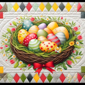 May include: A nest filled with colorful Easter eggs, surrounded by green leaves and white flowers. The nest is made of woven twigs and has a red ribbon tied around it.