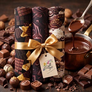 May include: Three fabric rolls featuring chocolate-themed prints, including chocolate bars, swirls, and cupcakes, tied with a gold ribbon and a tag labeled Quilt Shop Ruth Baudisch. The rolls are surrounded by assorted chocolate candies and a metal pot.