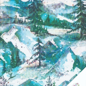 Peut inclure: Une peinture à l'aquarelle d'un paysage montagneux enneigé avec des sapins. Les montagnes sont peintes dans des tons de bleu et de vert, avec de la neige blanche sur les sommets. Les arbres sont d'un vert foncé, et de petits points blancs sont dispersés dans toute la peinture pour représenter la neige qui tombe.