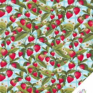 Op de afbeelding: Een stofpatroon met een herhalend ontwerp van rijpe rode aardbeien, groene bladeren en witte bloemen tegen een lichtblauwe geruite achtergrond. Het ontwerp doet denken aan een zomertuin. De rechter benedenhoek heeft een logo "Quilt Shop".