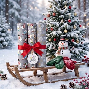 Peut inclure: Trois rouleaux de tissu gris à motifs de bonhommes de neige et de flocons, noués par un ruban rouge avec une étiquette Quilt Shop. Une figurine de bonhomme de neige avec un chapeau noir et une écharpe accompagne des moufles vertes et rouges.