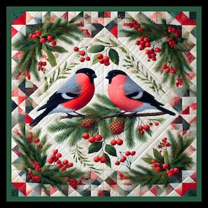 Pode incluir: Um edredom quadrado com uma borda verde apresenta dois pássaros de peito vermelho empoleirados em um galho com agulhas de pinheiro, bagas vermelhas e pinhas. O fundo tem um design de patchwork em vermelho, branco e verde.