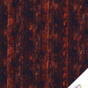 Könnte beinhalten: Ein Stoff mit einem dunkelbraunen Holzmaserungsmuster. Das Design zeigt vertikale Linien mit Knoten und Wirbeln, wodurch eine realistische Holzstruktur entsteht. Der Stoff eignet sich für verschiedene Bastelprojekte.