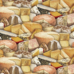 Könnte beinhalten: Eine Nahaufnahme einer Auswahl an Käsesorten, darunter Cheddar, Brie und Gouda. Die Käsesorten sind in einem zufälligen Muster angeordnet und haben alle unterschiedliche Formen und Größen. Die Käsesorten haben verschiedene Farben, darunter Weiß, Gelb und Orange.