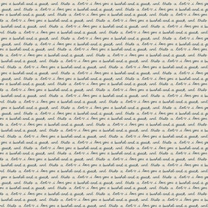 Puede incluir: Un mensaje escrito a mano que repite la frase "Te quiero un bushel y un peck y eso es mucho" en tinta azul sobre un fondo beige.