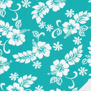 May include: White hibiscus flowers on a turquoise background. The fabric has a repeating pattern of flowers and leaves. The text "Quilt Shop Ruth Baudisch" is in the bottom right corner of the image.