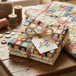 Peut inclure: Des paquets de tissus liés avec de la ficelle, avec des motifs colorés de dés à coudre et d'outils de couture. Une étiquette indique "Quilt Shop Ruth Baudisch". L'image comprend des bobines de fil, des boutons et une courtepointe sur une table en bois.