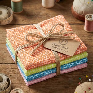 May include: A bundle of fat quarter fabric squares tied with twine, in orange, green, blue, and pink patterns. A tag reads "FABRIC & CO. - Fat Quarter Set." Sewing supplies, including thread spools and a pin cushion, are arranged around the fabric on a wooden surface.
