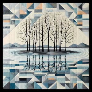 Op de afbeelding: Een quilt met een geometrisch patroon in tinten blauw en wit. Een silhouet van een groep bomen is gecentreerd in de quilt, met hun reflecties in het water eronder. De bomen staan op een klein eiland in het midden van een rivier.