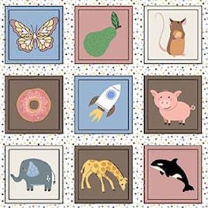Könnte beinhalten: Ein sich wiederholendes Muster quadratischer Illustrationen mit verschiedenen Objekten und Tieren, darunter ein Lutscher, eine Krone, eine Blume, ein Marienkäfer, ein Schmetterling, eine Birne, ein Eichhörnchen, ein Bus, ein Kaninchen, ein Affe und ein Pferd. Jeder Quadrat hat einen anderen farbigen Hintergrund.