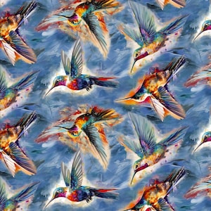 Könnte beinhalten: Ein Aquarellbild von bunten Kolibris im Flug vor blauem Hintergrund. Die Vögel sind in Blautönen, Grün, Orange und Rot gemalt.