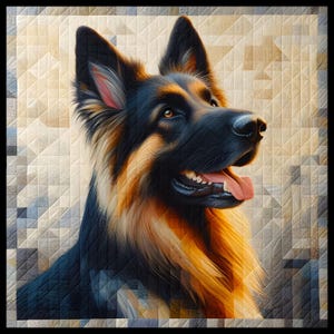 May include: A German Shepherd dog portrait quilt. The dog has black, tan, and brown fur, with a pink tongue. The background is a geometric pattern in shades of beige, grey, and blue.