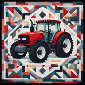 Op de afbeelding: Een rode tractorquilt met zwarte banden en witte velgen. De tractor is gecentreerd op een witte achtergrond met een geometrisch patroon van rode, blauwgroene, grijze en zwarte vormen. De quilt heeft een zwarte rand.