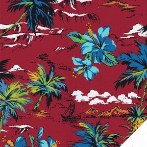 May include: Red fabric with a tropical print featuring palm trees, blue hibiscus flowers, and white clouds. The background is a red color with a subtle texture. The fabric has a vintage feel.