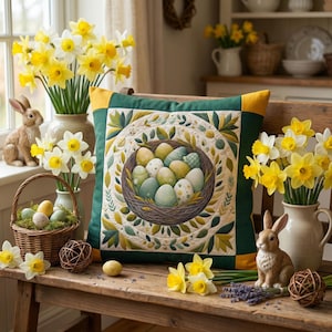 HANDGEMAAKT, compleet paaskussen van 40 cm x 40 cm met patchworkmotief "Paaseierennest".