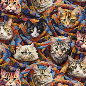 May include: A colorful pattern of fabric with multiple cats peeking out from the folds. The cats are of different breeds and colors, including tabby, calico, and white.