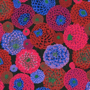 May include: A black background with a repeating pattern of colorful flowers. The flowers are in shades of red, pink, blue, and purple. The flowers are arranged in a random pattern.