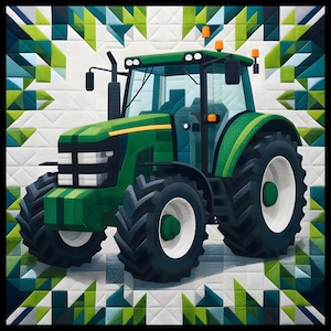 May include: A green tractor with black tires and white rims is the focal point of this quilt. The tractor is set against a white background with a geometric pattern of green and blue triangles. The quilt has a black border.