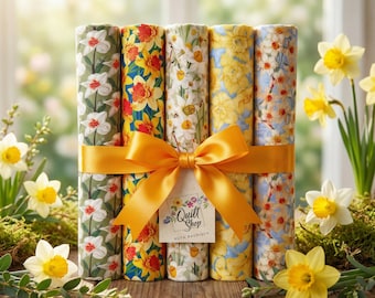 ENSEMBLE DE 5 COTONS « DÉLICIEUSES DE PÂQUES, Jonquilles » (5 coupons de tissu de 50 cm x environ 55 cm) - Référence : 260205