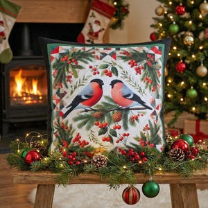 HANDGEMAAKT, volledig gewatteerd 50 cm x 50 cm winterkerstkussen "TWO DOMP MONKEYS" uit mijn Dreamcatcher-serie