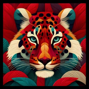 Könnte beinhalten: Nahaufnahme eines Leopardenkopfes mit rotem, orangem und gelbem Fell. Der Kopf des Leoparden ist von grünen und roten Blättern umgeben.