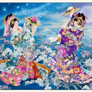 May include: An illustration shows two women in traditional Japanese kimonos dancing beneath a starry sky and a full moon. The kimonos feature floral and butterfly patterns in pink, blue, and purple. The scene includes water lilies.