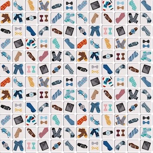 Può includere: Uno sfondo bianco con una griglia di 100 quadrati. Ogni quadrato contiene un motivo diverso, tra cui papillon, calze, orologi e motivi a quadri. I motivi sono di vari colori, tra cui blu, rosso, verde e giallo.