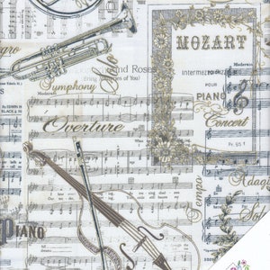 May include: A white fabric with a musical theme. The fabric features a variety of musical instruments, including a violin, a trumpet, and a French horn. The fabric also features sheet music with musical notes and lyrics. The fabric is printed with gold and black ink. The fabric is ideal for quilting, sewing, and crafting.