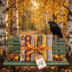 Könnte beinhalten: Ein Bündel aus sechs Stoffrollen mit herbstlichen Mustern, zusammengebunden mit einem orangefarbenen Band und einem Etikett mit der Aufschrift Quitt Shop Ruth Rhubisch. Die Rollen zeigen Blätter, Sonnenblumen, Eicheln, Rinde und Birken.