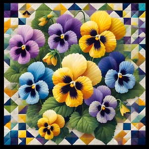 Może przedstawiać: Zbliżenie na bukiet kolorowych fiołków. Fiołki są ułożone w grupie, z żółtymi, fioletowymi i niebieskimi kwiatami. Kwiaty są otoczone zielonymi liśćmi.