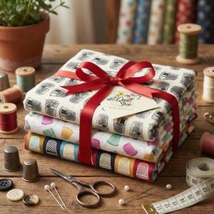 Può includere: Un mucchio di pacchi di tessuto legati con un nastro rosso, con motivi di ditale in vari colori. Il pacco superiore ha un'etichetta che dice "Quilt Shop Ruth Baudisch". Accessori per cucire, tra cui ditale, forbici e rocchetti di filo, sono sparsi.