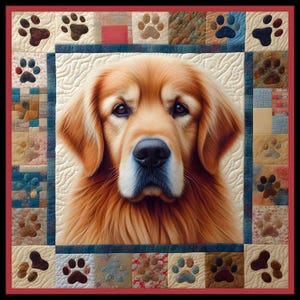 Puede incluir: Un edredón cuadrado con un retrato detallado de un perro Golden Retriever. El perro está rodeado por un borde de retazos con diseños de huellas de patas en varios colores y patrones. El edredón tiene un borde rojo.