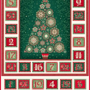 Könnte beinhalten: Adventskalender-Stoffpaneel mit einem Weihnachtsbaum-Design. Der Baum besteht aus roten, grünen und weißen Blumen- und Sternformen. Der Kalender hat 24 nummerierte Taschen in Rot und Grün, perfekt für die Vorweihnachtszeit.