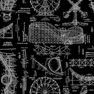 May include: Black and white line drawings of various amusement park rides, including a roller coaster, a Ferris wheel, and a carousel. The drawings are from patent applications and include text such as "Inventor Edwin Prescott" and "Patented Aug. 16, 1926".