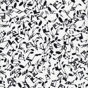 Puede incluir: Notas musicales negras y blancas y tallos sobre un fondo blanco. Las notas están dispuestas en un patrón aleatorio.