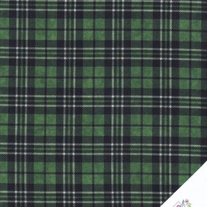 May include: Green, black and white plaid fabric with a subtle textured pattern. The fabric is ideal for quilting, sewing and crafting projects.