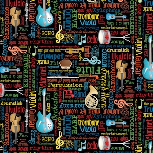 MUSIKINSTRUMENTE, SCHRIFT "Black Musical Words" Patchworkstoff Nr. 250144