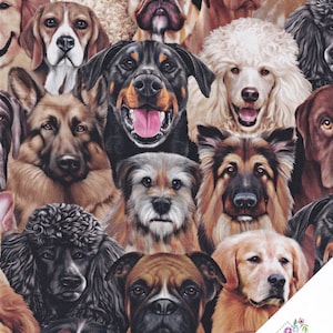 Puede incluir: Una tela con un collage de varias razas de perros, incluyendo un Rottweiler, un caniche y un golden retriever. Los perros están representados con detalles realistas y una variedad de colores de pelaje. La imagen incluye un logo de "Quilt Shop".